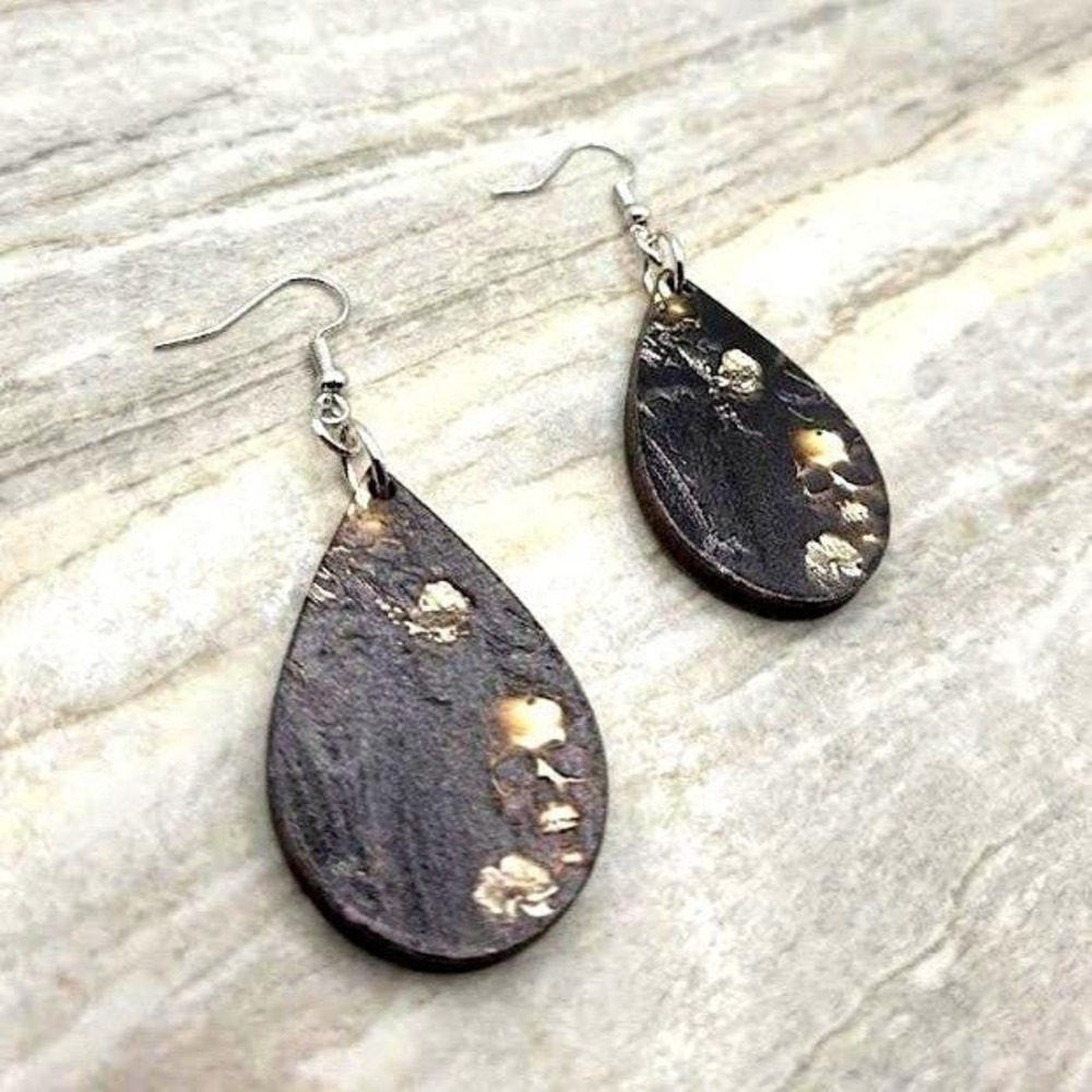 Handmade Earrings Silver Goth Skull Floral Pillar UV Printed Teardrop Dangle